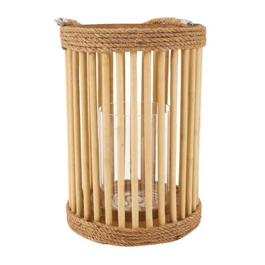 13" Brown Bamboo Handmade Open Framed Caged Candle Lantern with Rope Handle